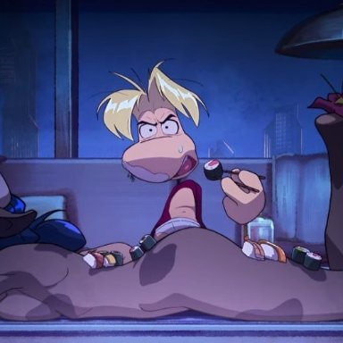 rayman (series), cream and chocolate, rayman, 1boy, 1girls, angry, anthro, apathetic, ass, barefoot, big breasts, bovid, breast press, breasts, briefs