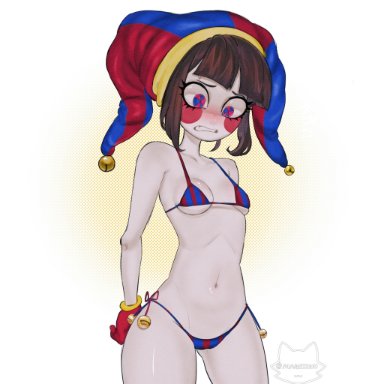 the amazing digital circus, pomni, bikini, blush, breasts, brown hair, cleavage, clothing, embarrassed, female, gloves, jester, jester costume, jester hat, jester outfit