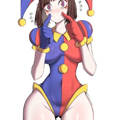 the amazing digital circus, pomni, artist request, blush, brown hair, female, gloves, jester, jester costume, jester hat, jester outfit, looking at viewer, medium breasts, short hair, smile