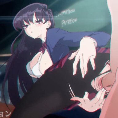 komi-san wa komyushou desu, komi shouko, jellymation, 1boy, black eyes, black hair, black pantyhose, blazer, blue jacket, bouncing breasts, bow, bra, breasts, female, jacket