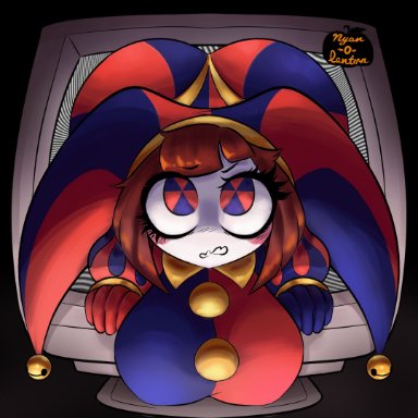 the amazing digital circus, pomni, artist request, ass, big ass, big breasts, big butt, brown hair, computer monitor, embarrassed, female, gloves, jester, jester costume, jester hat