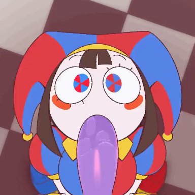 the amazing digital circus, jax (the amazing digital circus), pomni, milkncreams, musicasnsfw, 1boy, 1girl1boy, 1girls, blowjob, brown hair, deepthroat, fellatio, gloves, jester, jester cap