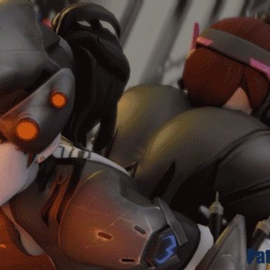 overwatch, d.va, widowmaker, kishi, 2girls, ass, ass worship, huge ass, moaning, motorboating, yuri, animated