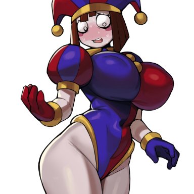 the amazing digital circus, pomni, donburikazoku, 1girls, alternate breast size, big breasts, big thighs, blush, blushing, breasts, brown hair, clown, clown girl, female, gloves