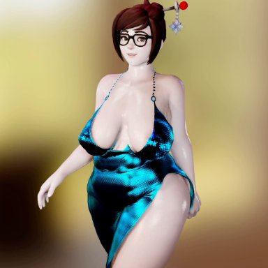 blizzard entertainment, overwatch, virt-a-mate, mei (overwatch), spookieshade, 1girl, 1girls, blue dress, breast expansion, breasts, breasts bigger than head, breasts bigger than torso, bursting breasts, dress, enormous breasts