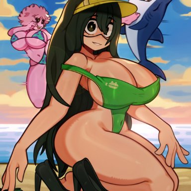 my hero academia, mina ashido, tsuyu asui, melonpuff, 2girls, alternate breast size, antennae, ass, beach, big breasts, bikini, black sclera, breasts, curly hair, female