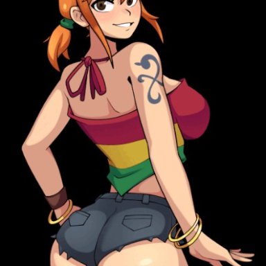 one piece, nami (one piece), stinkstonegames, 1girls, booty shorts, brown eyes, busty, busty female, female, female focus, female only, fully clothed, gold jewelry, green hairband, kinky wizardy