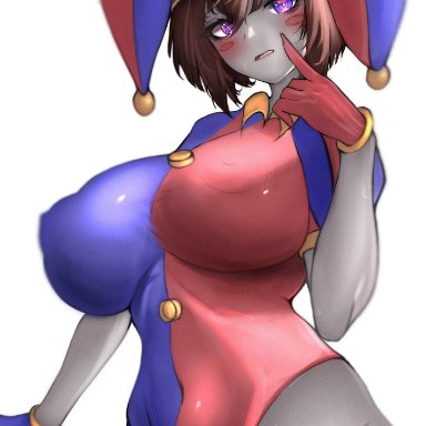 the amazing digital circus, pomni, vodeferr, big breasts, big thighs, blush, brown hair, female, gloves, jester, jester costume, jester hat, jester outfit, looking at viewer, nipples visible through clothing