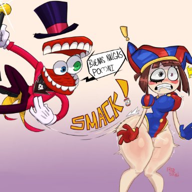 the amazing digital circus, pomni, redlewd17, big ass, big thighs, blush, brown hair, female, gloves, jester, jester costume, jester hat, jester outfit, shocked, short hair