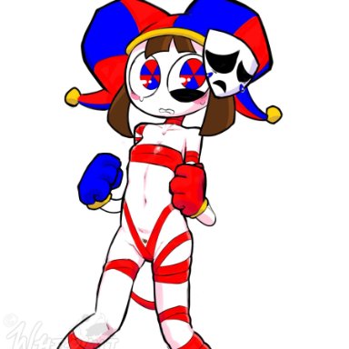 the amazing digital circus, pomni, artist request, brown hair, embarrassed, female, gloves, jester, jester costume, jester hat, jester outfit, looking at partner, mask, masked female, red ribbon