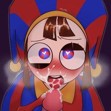 the amazing digital circus, pomni, memee1206, blush, brown hair, cum, cum in mouth, cum on face, cum on tongue, female, gloves, heart-shaped pupils, hot air balloon, jester, jester costume