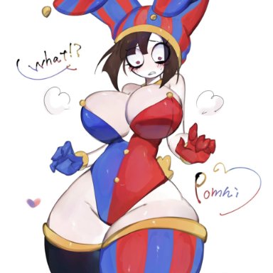 the amazing digital circus, pomni, toge77789, big breasts, big thighs, breasts, brown hair, bunny ears, bunnysuit, confused, female, gloves, huge breasts, huge thighs, jester