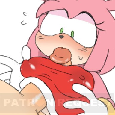 sega, sonic (series), amy rose, asskoh, 1boy, 1girls, anthro, blush, boobjob, breasts, circumcised, clothed, erect nipples, erect nipples under clothes, erection