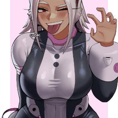 my hero academia, miruko, ochako uraraka (cosplay), gud0c, bunny girl, clothed, latex, no sex, tongue, tongue out, wholesome, tagme