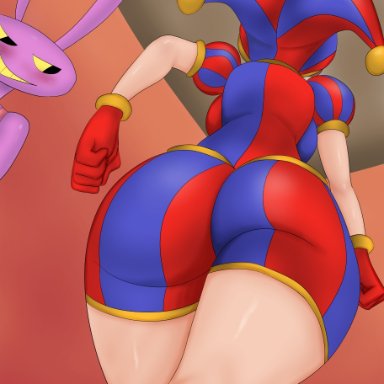 the amazing digital circus, jax (the amazing digital circus), pomni, artist request, anthro, ass focus, big ass, big breasts, big thighs, brown hair, bunny ears, female, gloves, huge ass, jester