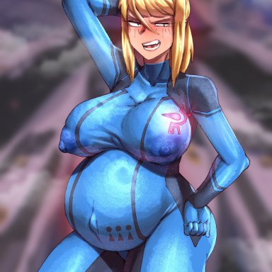metroid, samus aran, zero suit samus, nonosamu, 1girls, angry, angry face, angry pregnant female, belly, big belly, big breasts, blonde hair, blush, breasts, female