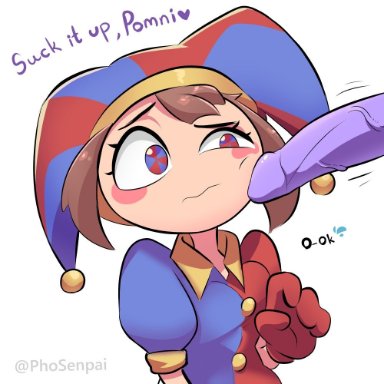 the amazing digital circus, jax (the amazing digital circus), pomni, shiny pea, brown hair, female, gloves, jester, jester costume, jester hat, jester outfit, looking at penis, purple penis, short hair, smaller female