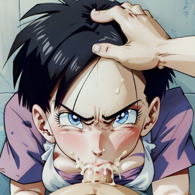 dragon ball, dragon ball z, videl, stable diffusion, 1girls, angry, angry face, black hair, blowjob, blue eyes, cum, cum in mouth, deepthroat, eye contact, fellatio