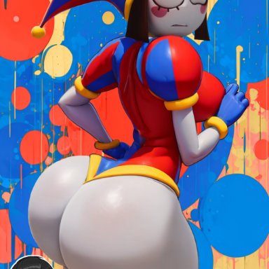 the amazing digital circus, pomni, bulge quest, ass, big ass, big breasts, big thighs, brown hair, clown girl, female, gloves, huge ass, huge thighs, jester, jester cap