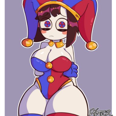 the amazing digital circus, pomni, after dark, big thighs, brown hair, female, gloves, huge thighs, jester, jester costume, jester hat, jester outfit, looking at viewer, medium breasts, short hair