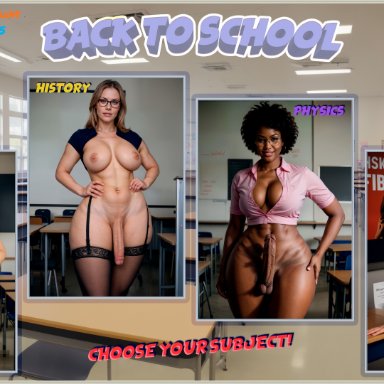 heromant, 4futas, asian, big ass, big balls, big breasts, big penis, black hair, blonde hair, breasts, classroom, futa only, futanari, large, large ass