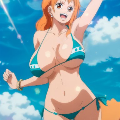 one piece, nami, juanpi amvs, bikini, breasts, large breasts, long hair, ocean, orange hair, sea, seaside, solo, water, ai generated, commission