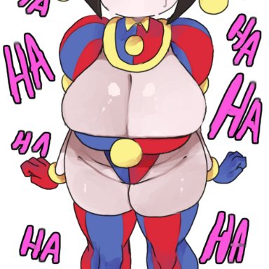 the amazing digital circus, pomni, meweeze, big breasts, big thighs, boob window, brown hair, female, gloves, huge breasts, huge thighs, jester, jester costume, jester hat, jester outfit