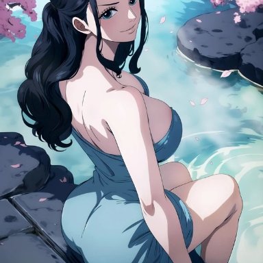 one piece, nico robin, 1girl, ass, black hair, blue eyes, breasts, cleavage, dress, female, female only, huge breasts, light-skinned female, looking at viewer, looking back