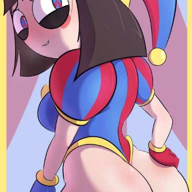 the amazing digital circus, pomni, davidsanchan, back, back view, big ass, big breasts, blush, brown hair, female, female only, gloves, jester, jester costume, jester hat