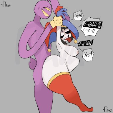 the amazing digital circus, jax (the amazing digital circus), pomni, srnava, ahe gao, anthro, big thighs, brown hair, bunny, bunny ears, female, gloves, holding arms, huge thighs, jester