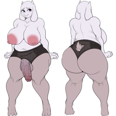 undertale, undertale (series), toriel, detnox, anthro, back view, embarrassed, futanari, huge ass, huge breasts, milf, panties, pantyhose, thick, thick thighs