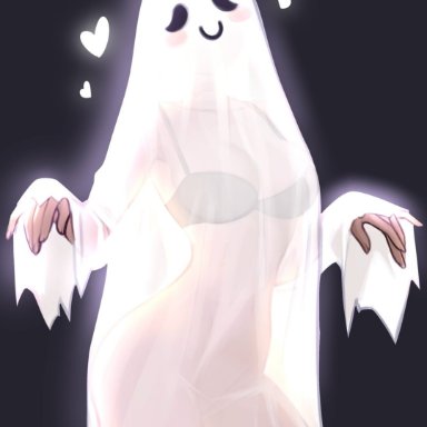 bedsheet ghost, blushypixy, blushyspicy, bra, breasts, female, female only, halloween costume, halloween theme, heart, see-through, transparent, transparent clothing, 2023