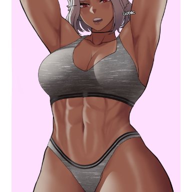 my hero academia, miruko, gud0c, abs, big thighs, bunny girl, dark skin, gym clothes, massive breasts, muscular arms, muscular female, short hair, tagme