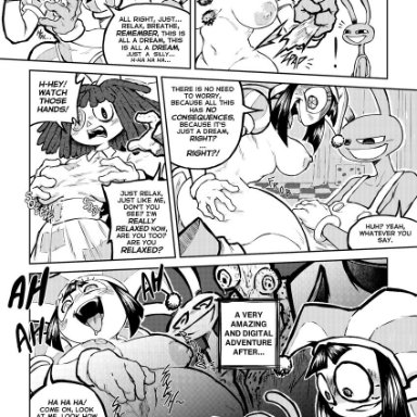 the amazing digital circus, jax (the amazing digital circus), pomni, ragatha, ruddyrzaq, 2girls, 3boys, breasts, grope, groping, masturbating, masturbation, pussy, comic, comic page