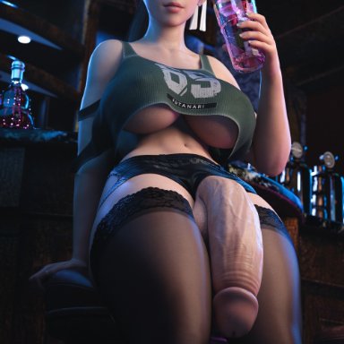 final fantasy, final fantasy vii, final fantasy vii remake, jessie rasberry, stevencarson, 1futa, balls, breasts, brown eyes, casual exposure, casual nudity, cup, drink, erection, futa only