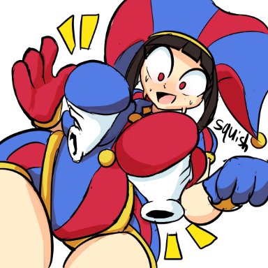 the amazing digital circus, pomni, desiredelta, big breasts, big thighs, brown hair, female, gloves, grabbing breasts, jester, jester costume, jester hat, jester outfit, looking down, short hair