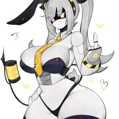 murder drones, j (murder drones), toge77789, togetoge, big breasts, big thighs, breasts, bunny ears, bunnysuit, cleavage, clothing, drone, female, female only, gray hair