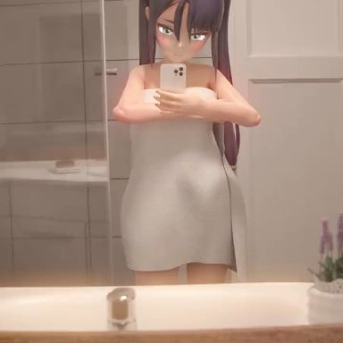 genshin impact, mona (genshin impact), shiroiki, 1girls, anus, areolae, barefoot, breasts, cellphone, completely nude, completely nude female, female, mirror, mirror selfie, naked