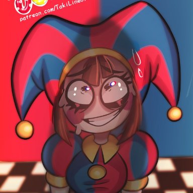 the amazing digital circus, pomni, artist request, brown hair, female, gloves, huge cock, jester, jester costume, jester hat, jester outfit, looking at penis, nervous, nervous smile, penis shadow