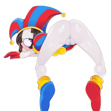 the amazing digital circus, pomni, squishyte, ass, ass up, blush, brown hair, butt, female, gloves, jester, jester costume, jester hat, jester outfit, looking at ass