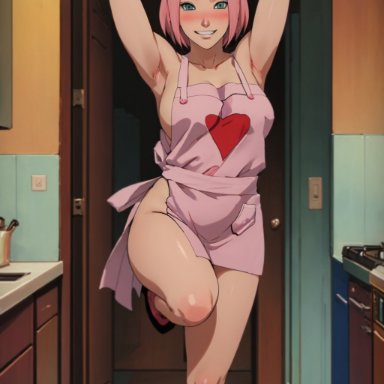 naruto, naruto (series), what if...?, sakura haruno, 2dvice, loyalservant, 1girls, apron, apron lift, apron only, big breasts, big thighs, blush, bottomless, breasts