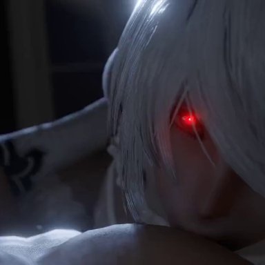 nier, nier: automata, yorha 2b, lazyprocrastinator, assertive female, corrupted, gloved handjob, gloves, glowing eyes, handjob, imminent cumshot, nipple licking, nursing handjob, pov, pov hands