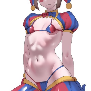 the amazing digital circus, pomni, otik, brown hair, clothed, clothing, female, flat chest, gloves, jester, jester costume, jester hat, jester outfit, micro bikini, mostly nude