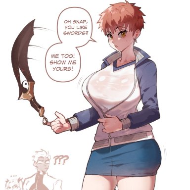 fate (series), fate/stay night, archer (fate), emiya shirou, tohsaka rin, nyantcha, thiccwithaq, ?, ..., 1girls, 2girls, big breasts, breasts, breasts bigger than head, confused