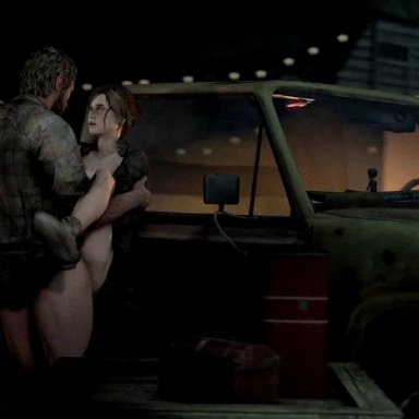 naughty dog, source filmmaker, the last of us, the last of us 2, ellie (the last of us), ellie williams, joel miller, desiresfm, 1boy, 1girls, adult, adult female, against vehicle, age difference, aged up