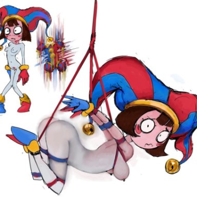 the amazing digital circus, pomni, sleep (artist), blushing, brown hair, embarrassed, female, glitching, gloves, jester, jester costume, jester hat, jester outfit, rope, rope bondage