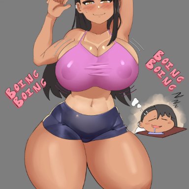 please don't bully me, nagatoro, hayase nagatoro, sivildreams, alternate ass size, alternate breast size, armpits, arms up, athletic, athletic female, bouncing breasts, collarbone, crop top, dream, dreaming, embarrassed