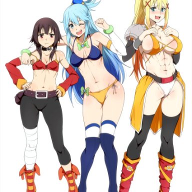 aqua (konosuba), darkness (konosuba), megumin, sbel02, 3girls, abs, alternate costume, bandaged leg, bandages, bare shoulders, belt, black hair, black legwear, blonde hair, blue eyes