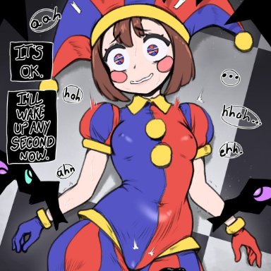 the amazing digital circus, kaufmo (abstracted), pomni, whomperfruit, brown hair, cameltoe, erect nipples, female, gloves, holding arms, imminent rape, imminent sex, jester, jester costume, jester hat
