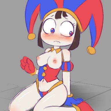 the amazing digital circus, pomni, cubedcoconut, 1girls, areola, areolae, blush, breasts, brown hair, clothed, clothing, clown, clown girl, detached collar, exposed